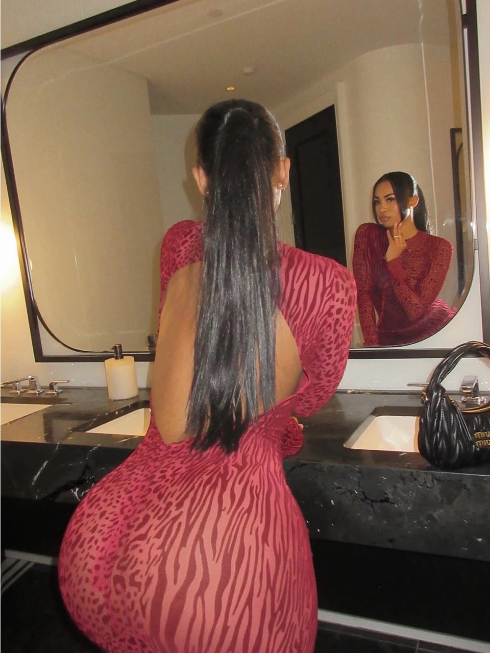 Backless Red Animal-Print Bodycon Dress with Long Sleeves